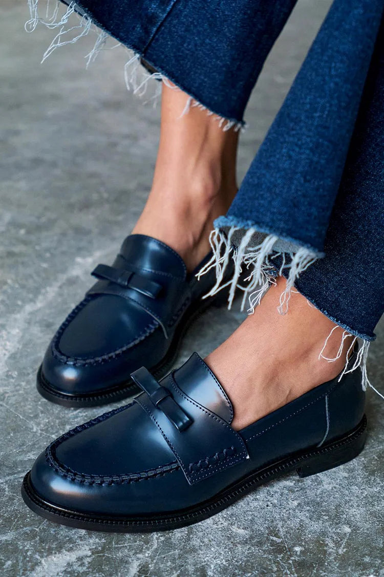 Navy Patchwork Round-Toe Loafers with Bow