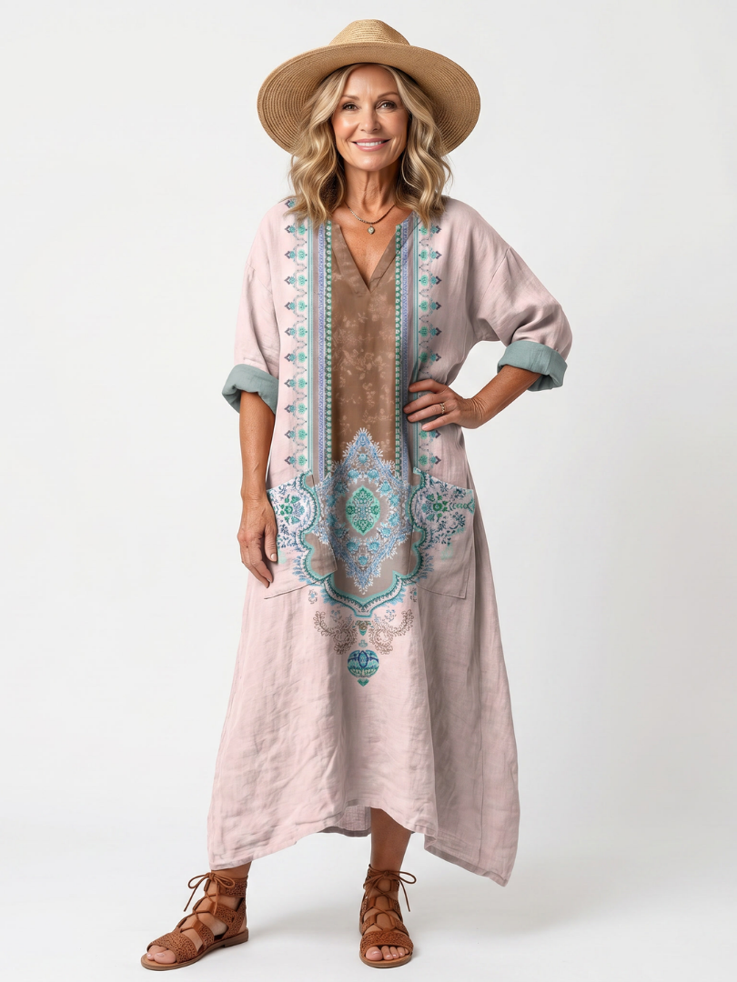 KENZA | EMBROIDERED PANEL RELAXED POCKET MIDI DRESS