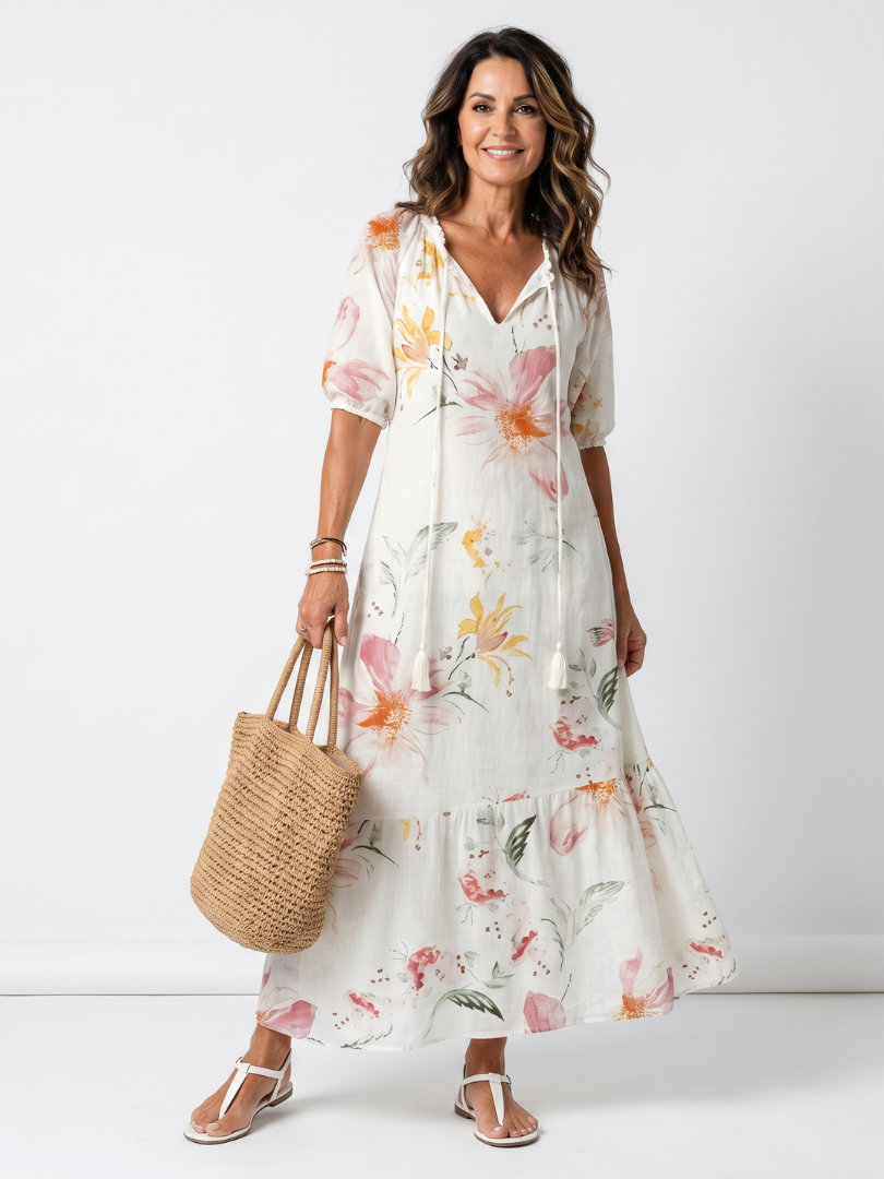 NOA | SOFT FLORAL TIERED TASSEL MIDI DRESS