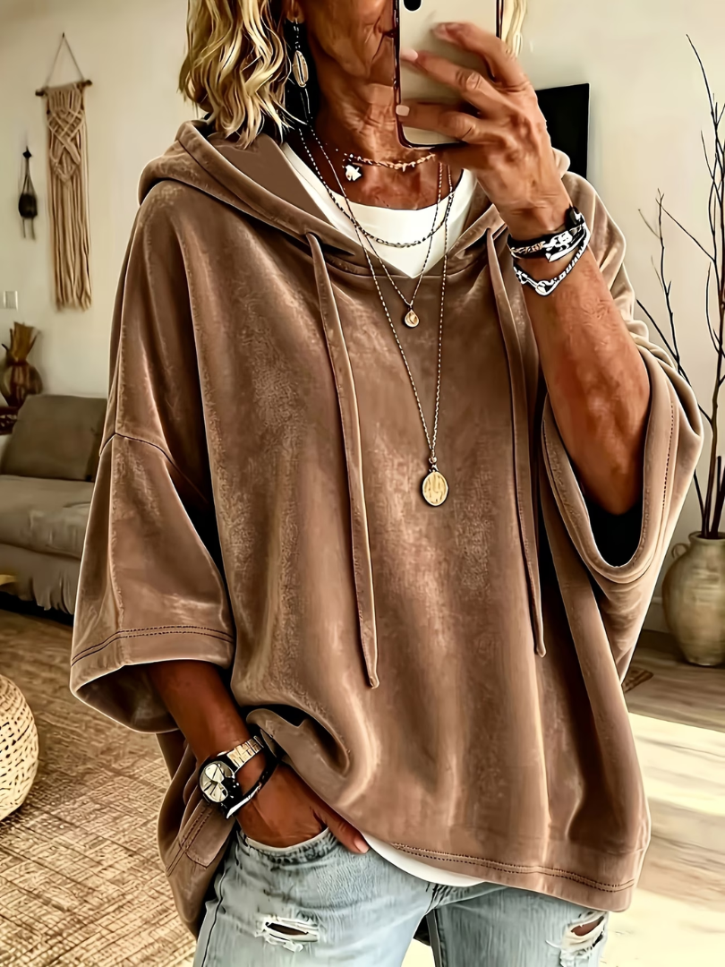 Carolina poncho hoodie in brown, front view