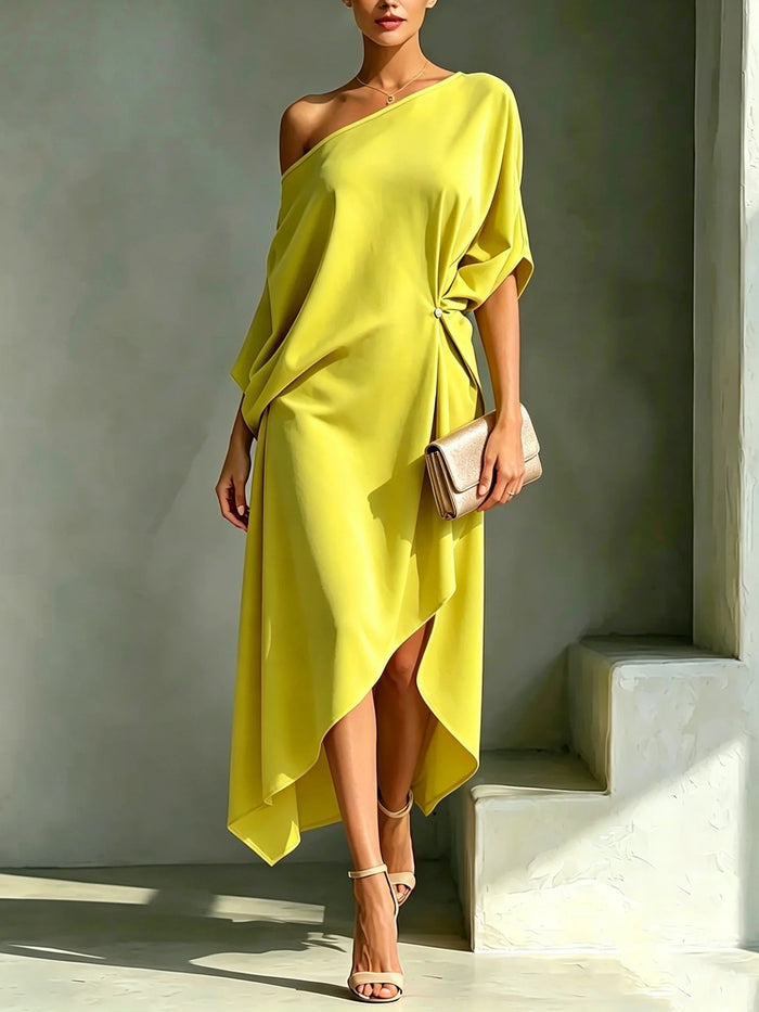Camila asymmetrical midi dress in yellow, full-length front view