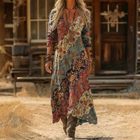 VERBENA | PATCHWORK PRINT V-NECK MAXI DRESS