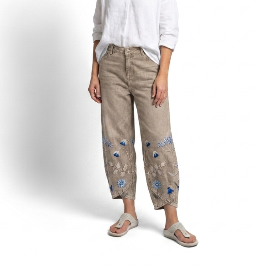 Viola floral comfort trousers in khaki, full-length view with white blouse