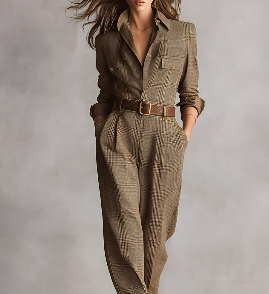 Nessa check utility jumpsuit in brown, close-up view