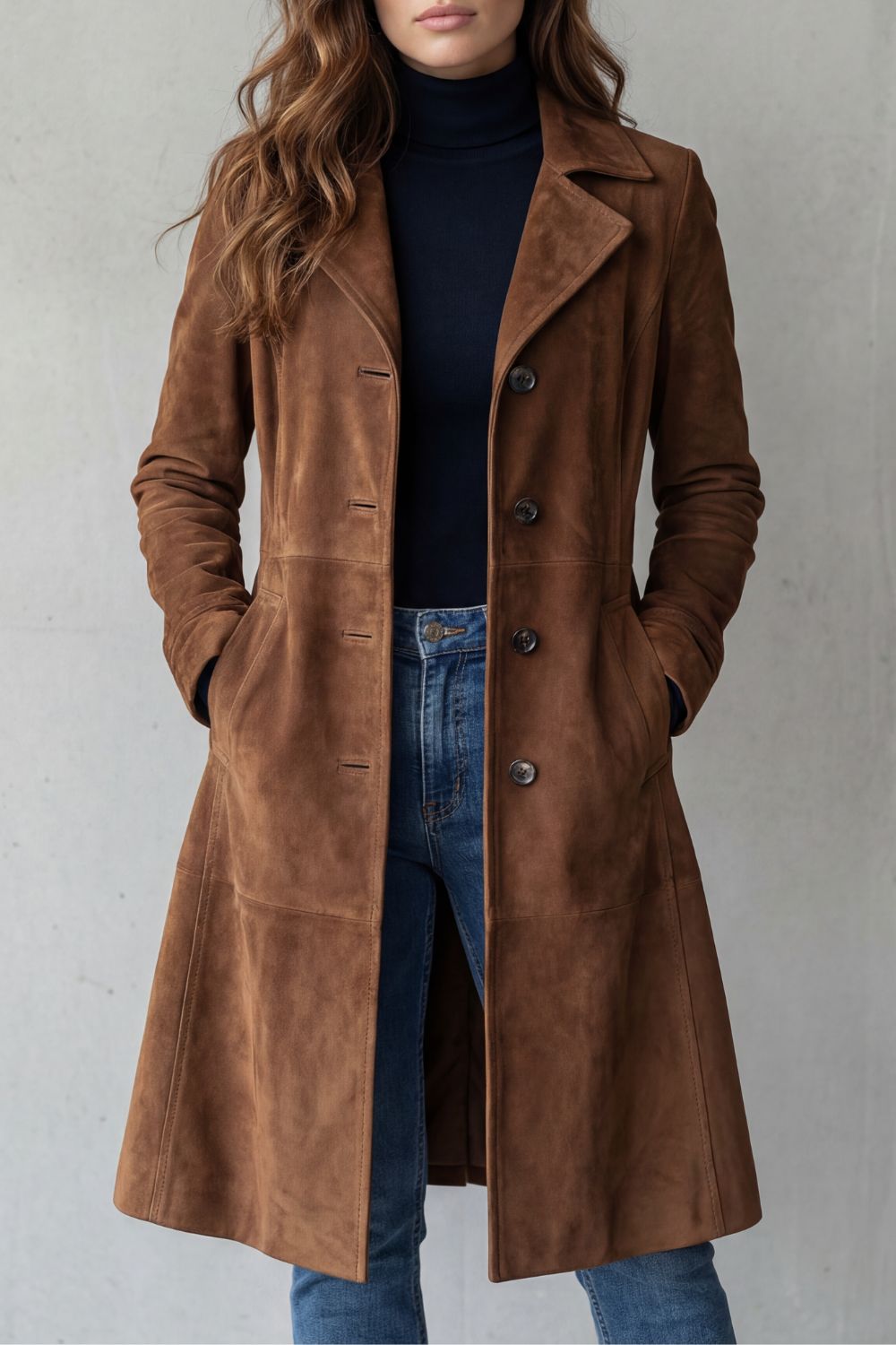 Dinah suede-look long coat in brown, front view with hands in side pockets