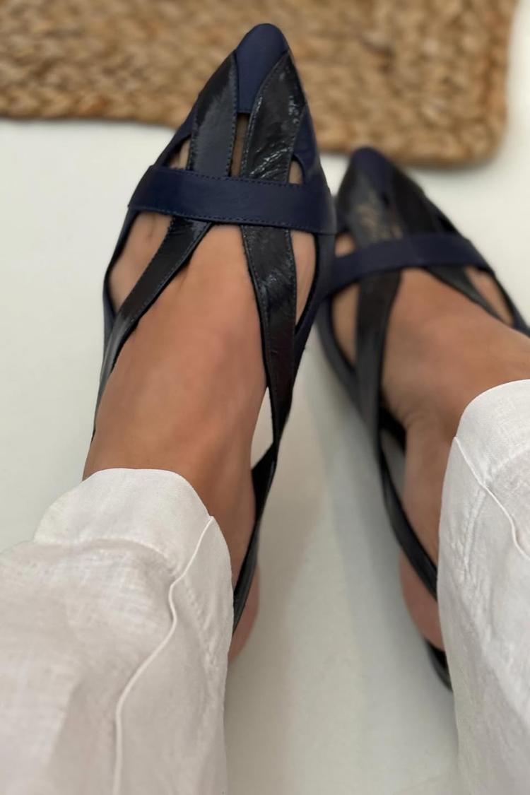 Navy Patchwork Cut-Out Pointed-Toe Slingback Ballet Flats