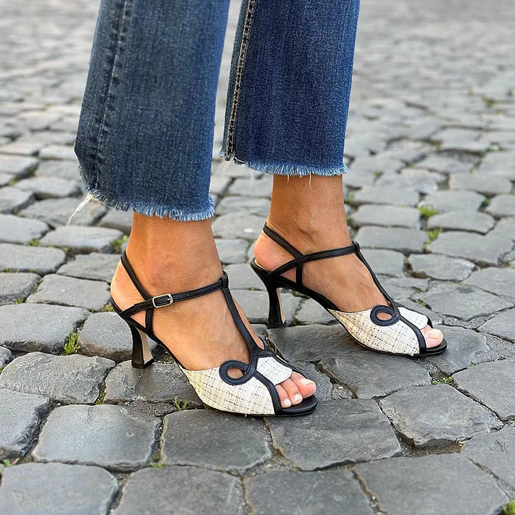 Contrast Open-Toe Stiletto Heels with T-Bar Strap