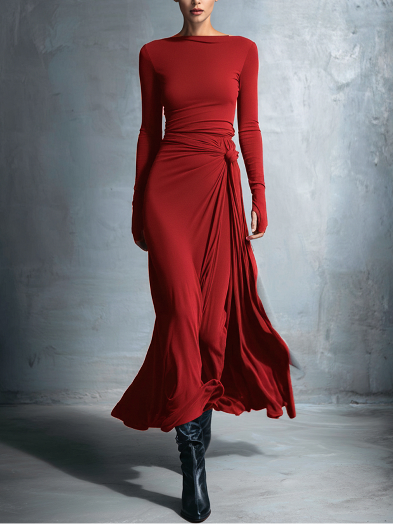Posy side-knot maxi dress in burgundy, full-length front view
