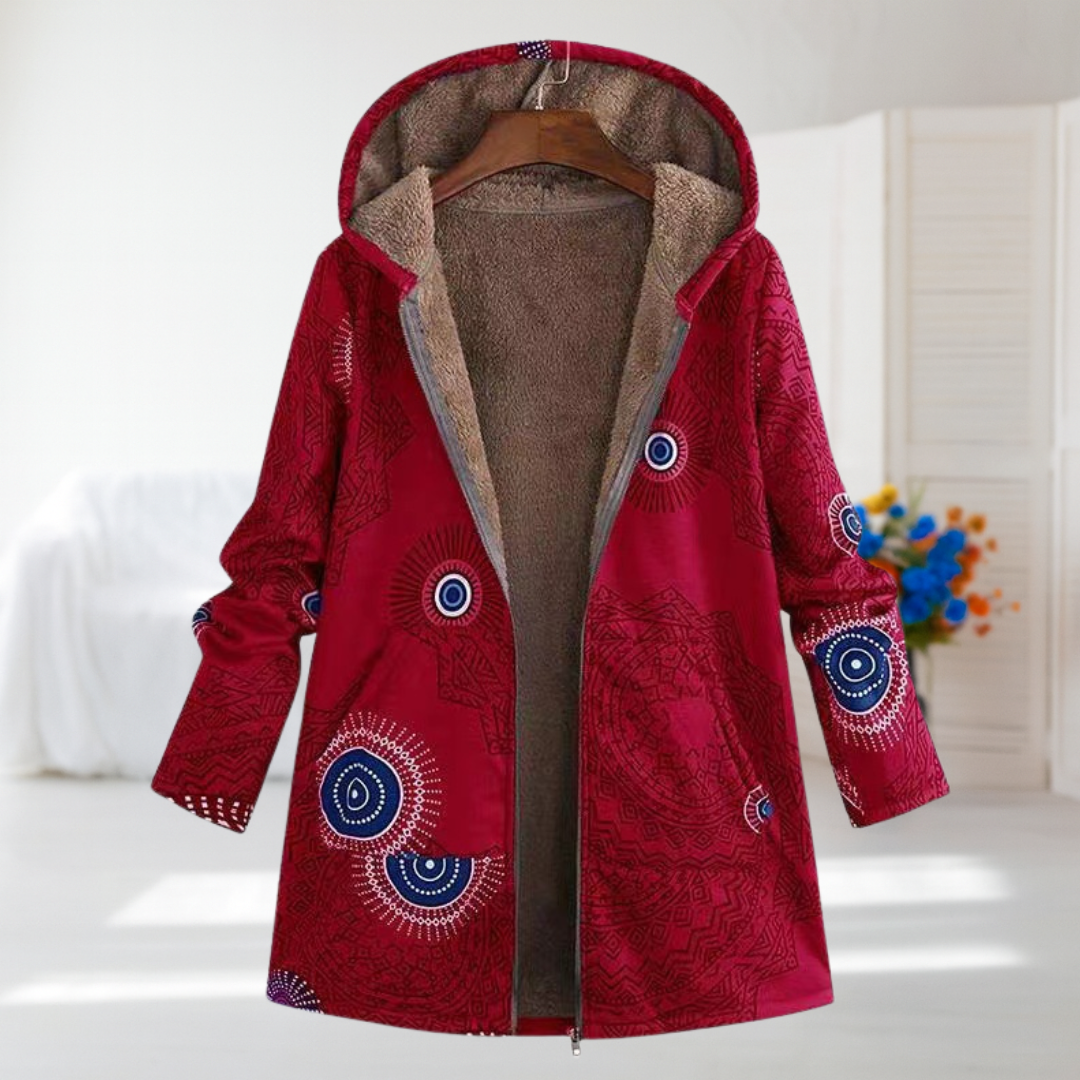 Miriam mandala print hooded coat in red, front view on a hanger