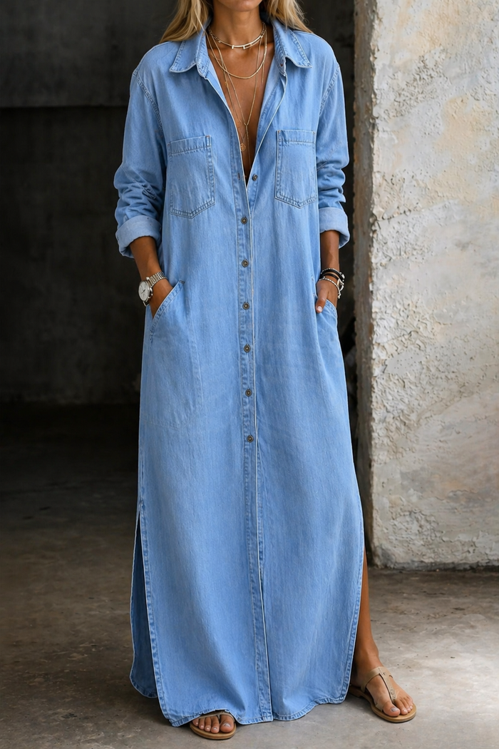 Merryn denim button-down maxi dress in light blue, front view with pockets