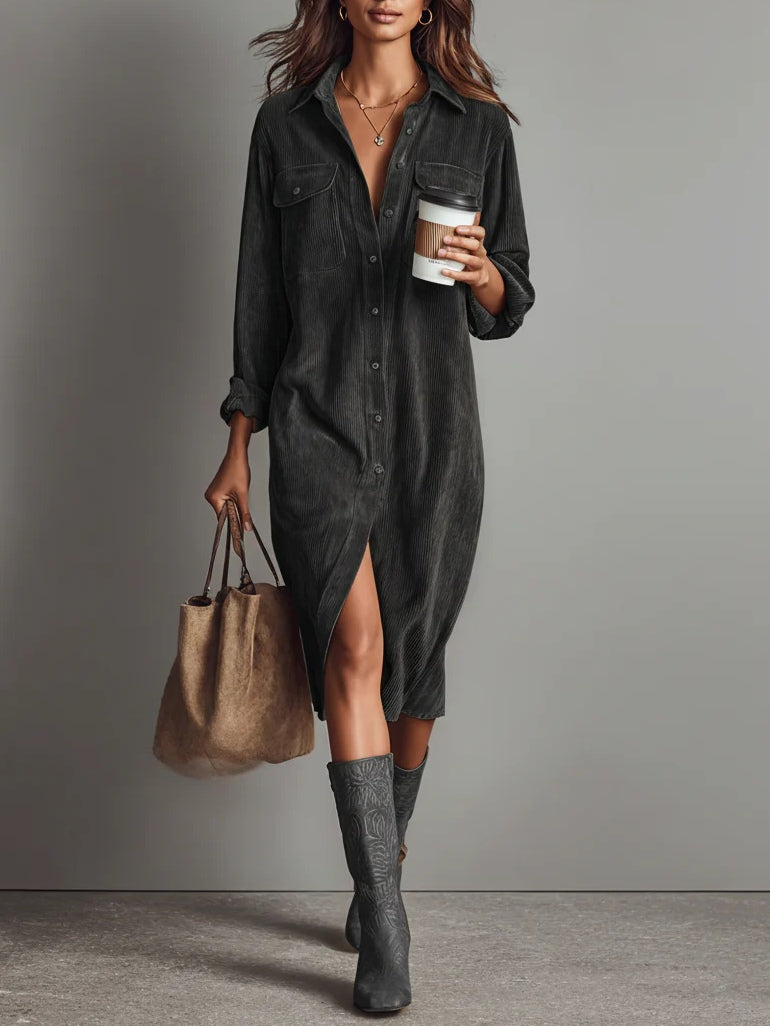 Béatrice | Corduroy Midi Dress with Pockets & Button Front