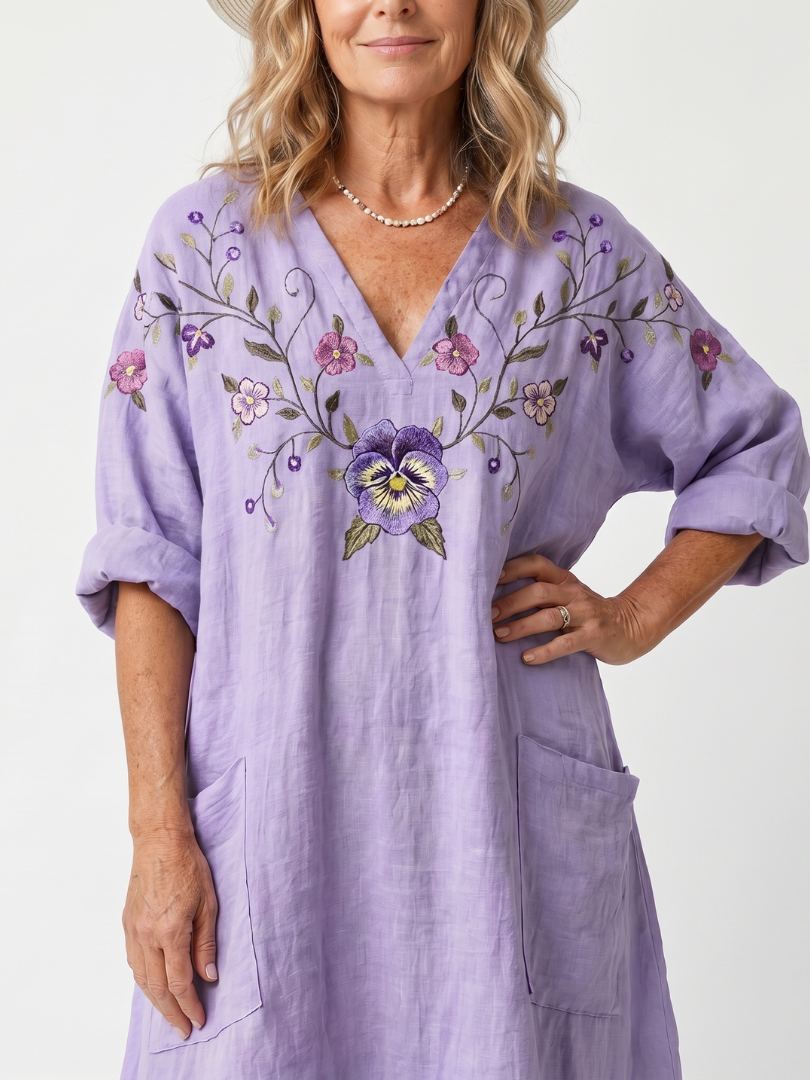 TAVI | FLORAL EMBROIDERED OVERSIZED POCKET MIDI DRESS