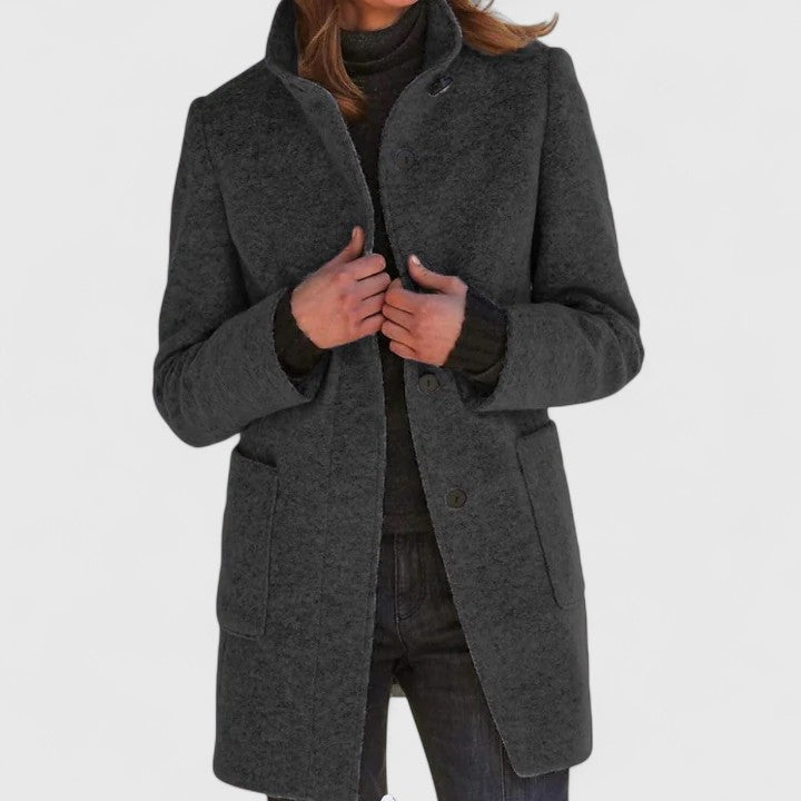 Leonora classic stand-collar coat in charcoal, front view