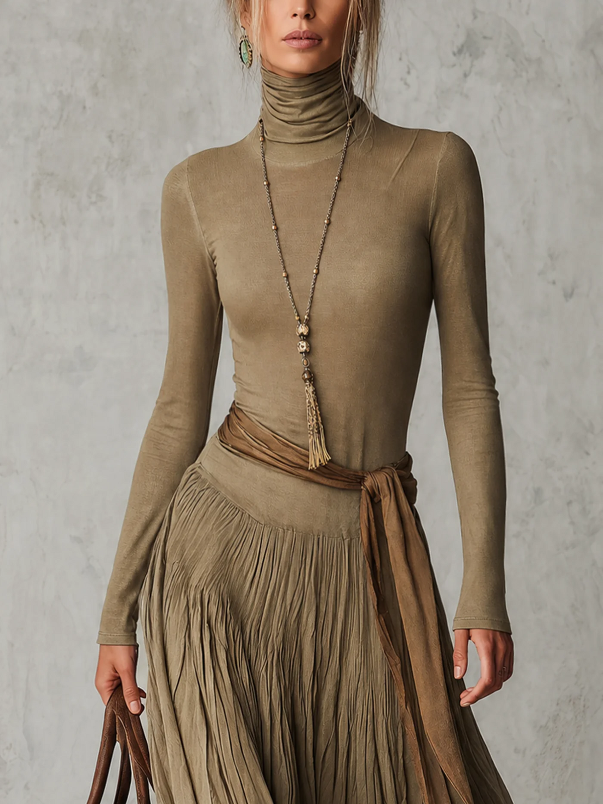 Gina pleated maxi dress in olive green, close-up of high neck and waist tie