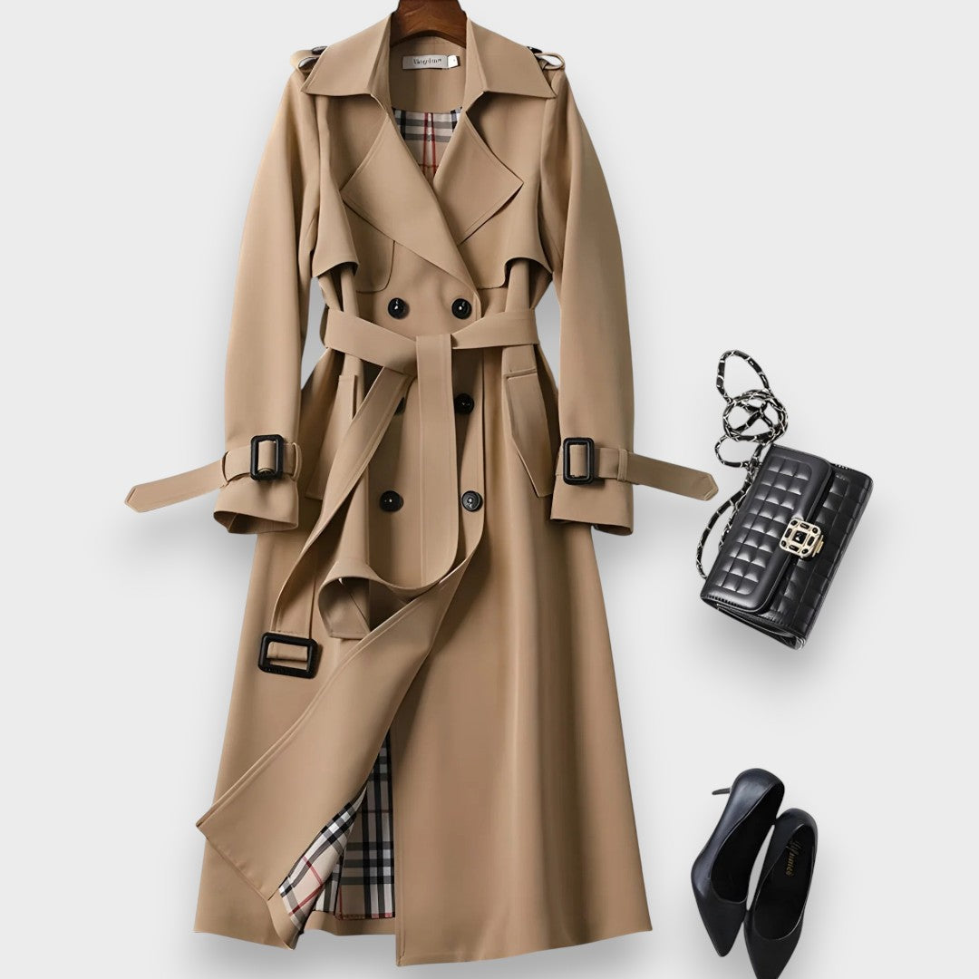 Edwina belted double-breasted trench coat in beige on a hanger, front view