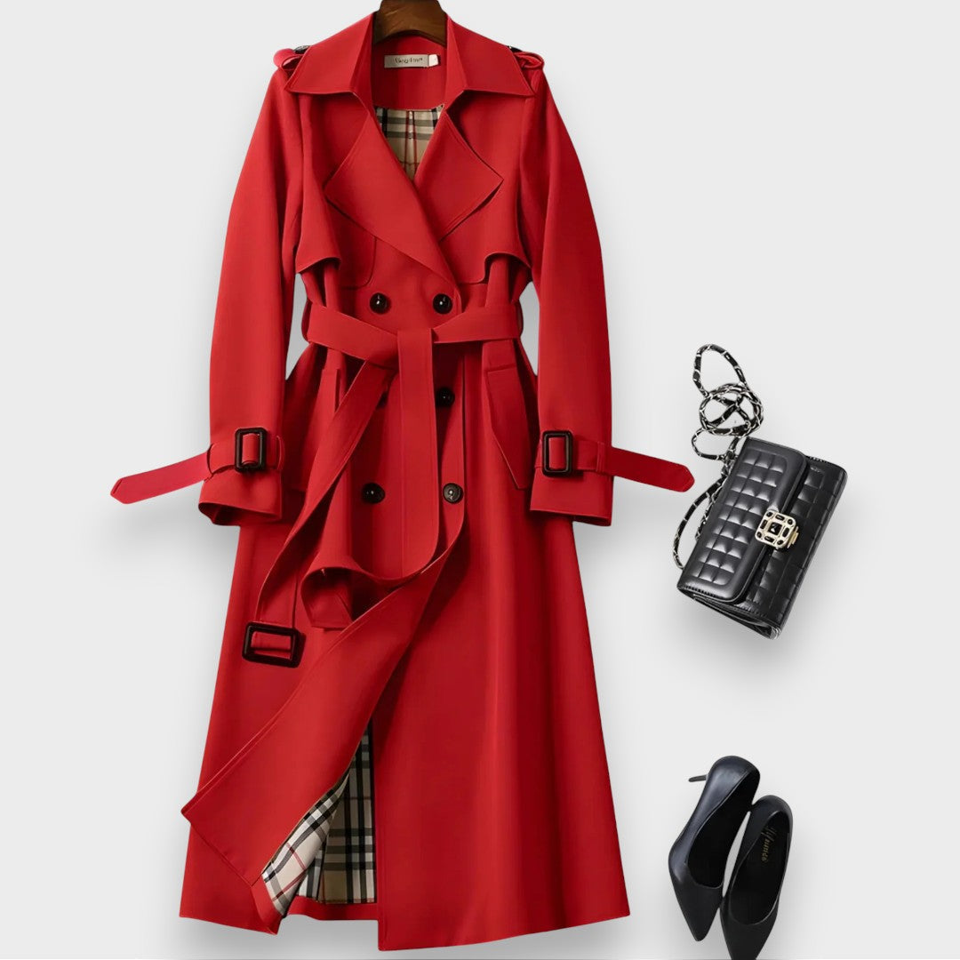 Edwina belted double-breasted trench coat in red on a hanger, front view