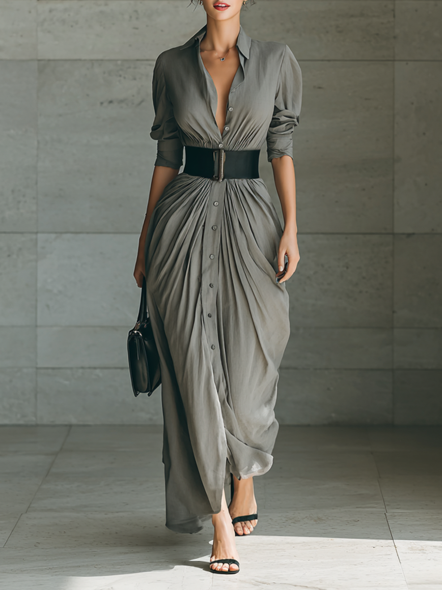 Polly belted pleated maxi shirt dress front view