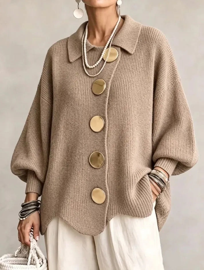 Carwen collared button cardigan in Khaki, front view