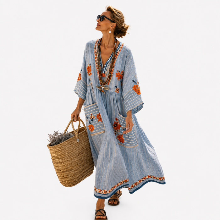 LONG KAFTAN | DENIM BLUE FLORAL EMBROIDERY