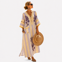 LONG KAFTAN | LAVENDER YELLOW STRIPE FLORAL