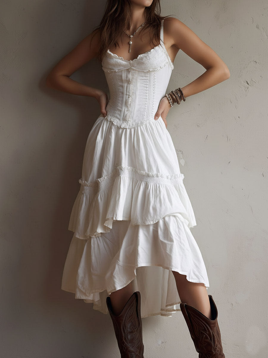 Rosanna lace-trimmed tiered midi dress in white, three-quarter view of buttoned bodice