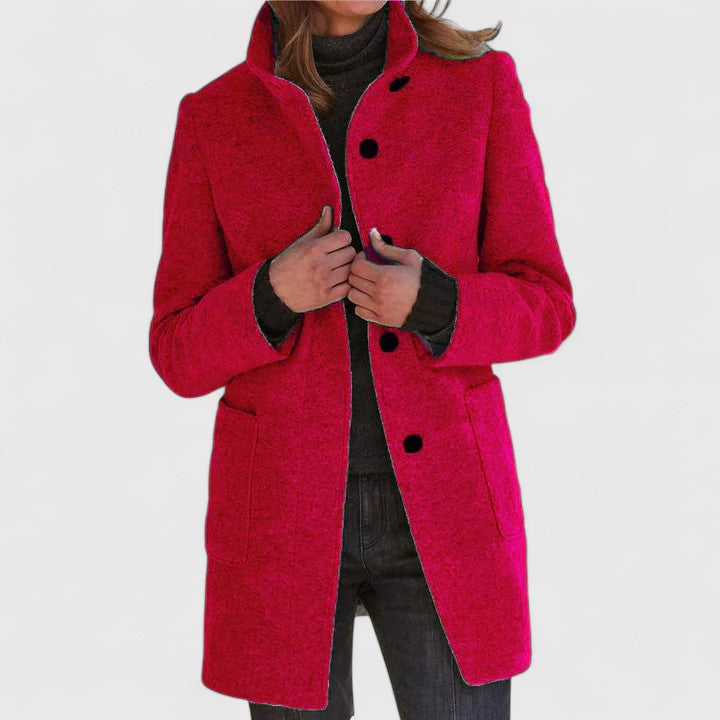 Leonora classic stand-collar coat in red, front view