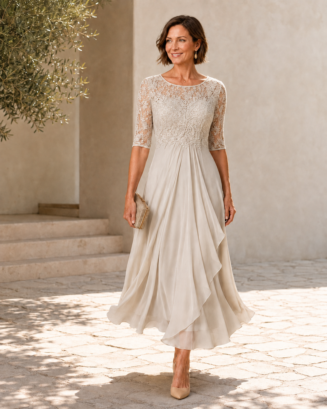 Rose lace and chiffon midi dress, view 3