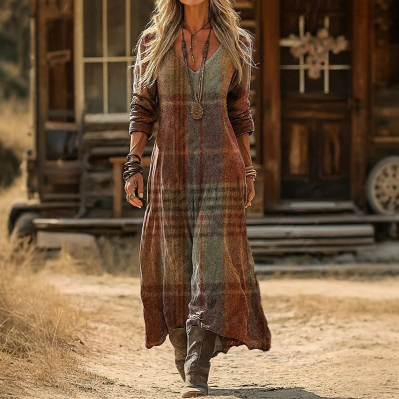 Genevra plaid maxi dress in rust, sage and brown, outdoor walking view