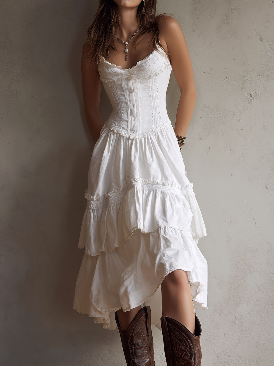 Rosanna lace-trimmed tiered midi dress in white, front view