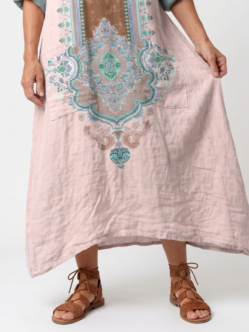KENZA | EMBROIDERED PANEL RELAXED POCKET MIDI DRESS