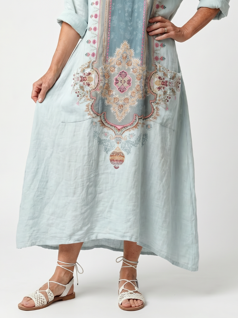 KASSIANI | ORNATE PANEL EMBROIDERED OVERSIZED POCKET MIDI DRESS