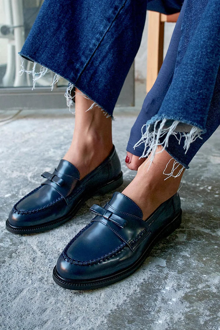 Navy Patchwork Round-Toe Loafers with Bow