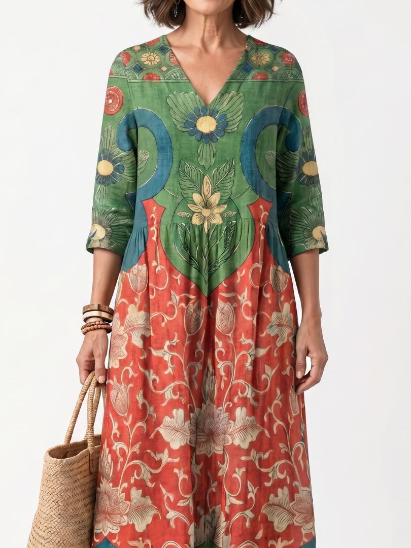 SLOANE | MIXED PRINT V NECK POCKET MIDI DRESS