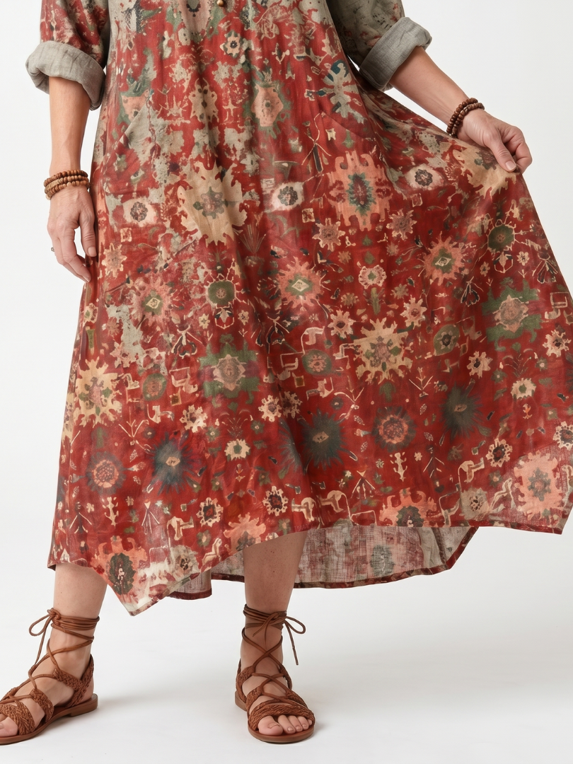 SAFFRON | MIXED PATTERN RELAXED POCKET MIDI DRESS