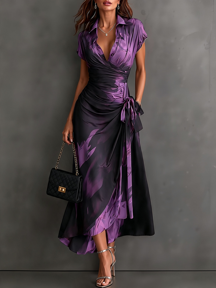 ELISA | PURPLE ABSTRACT PRINT MIDI WRAP DRESS