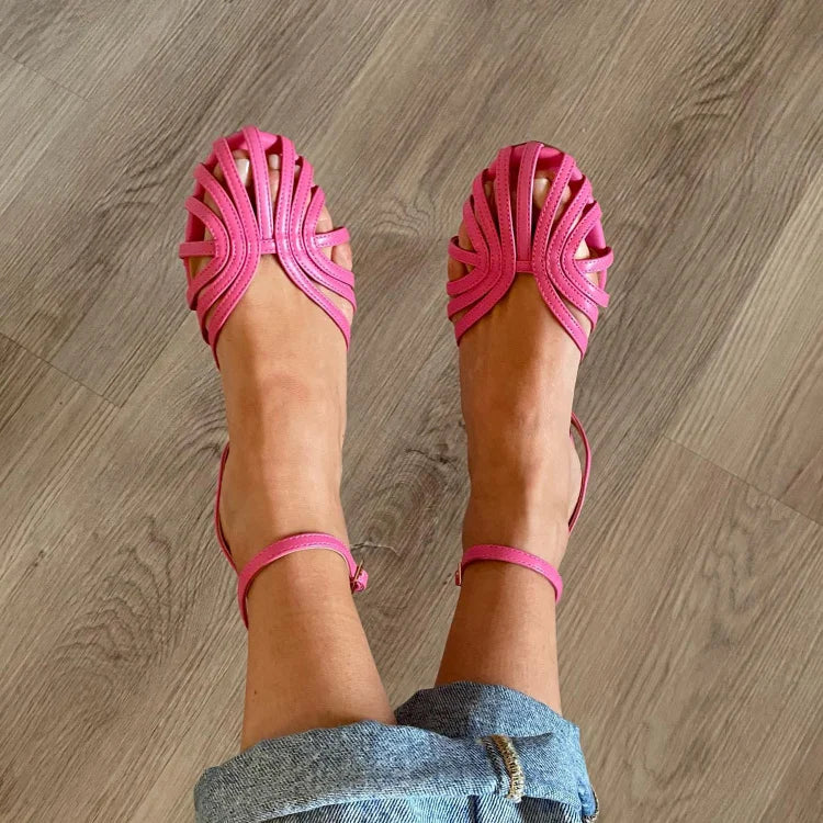 Round-Toe Cut-Out Ballet Flats with Ankle Strap