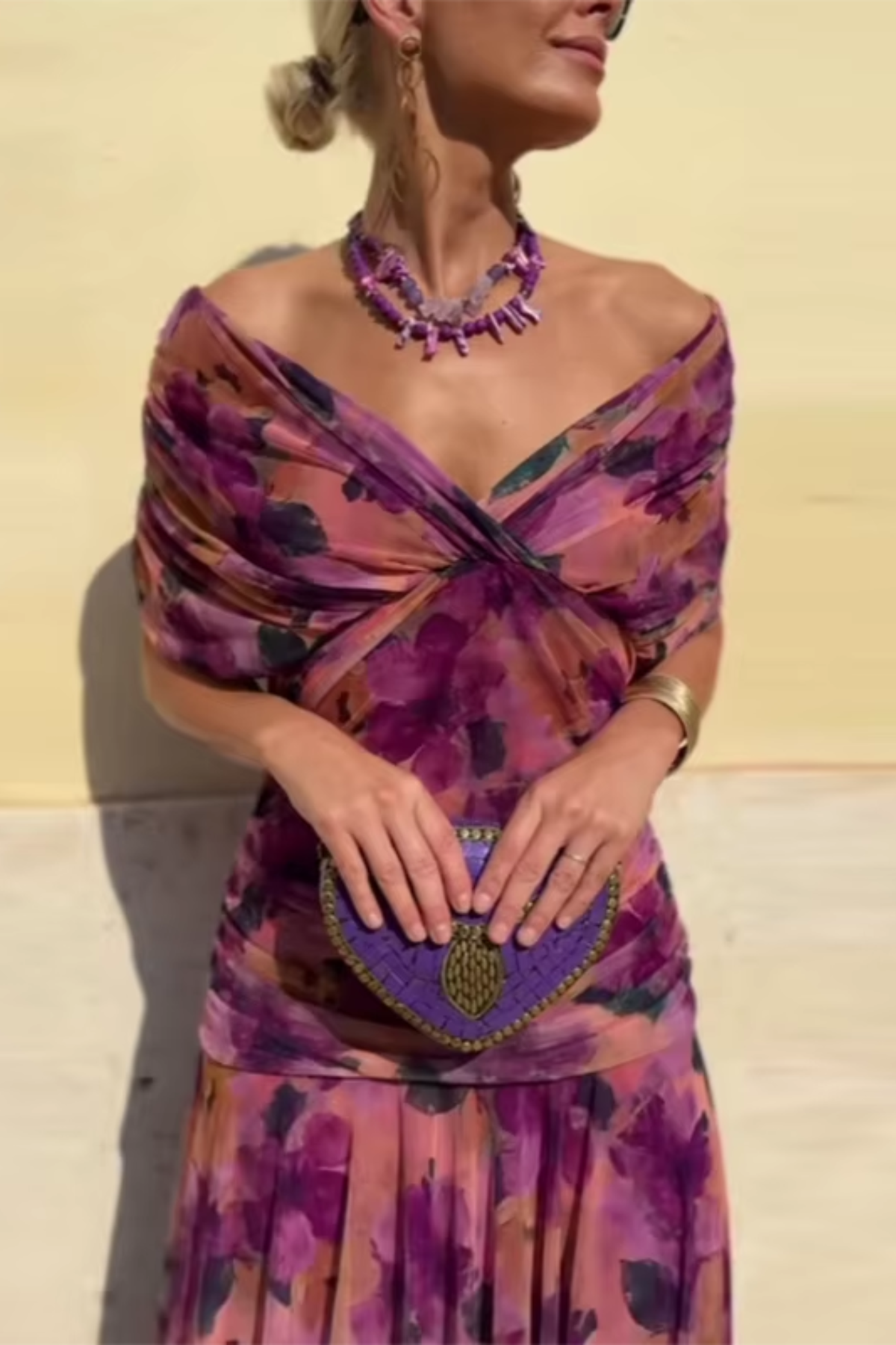 Eloísa long floral chiffon dress in lilac, close-up of draped off-the-shoulder neckline