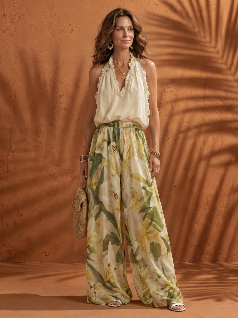 Solange - Halter Neck Blouse Floral Wide Leg Set