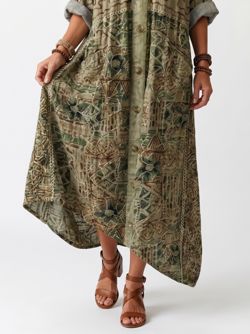 ALETA | BUTTON FRONT EMBROIDERED OVERSIZED POCKET MIDI DRESS