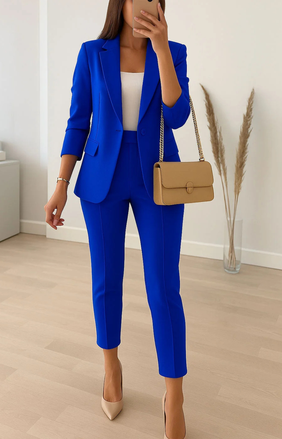 Phyllis tailored straight-leg trouser suit in electric blue, full-length mirror view