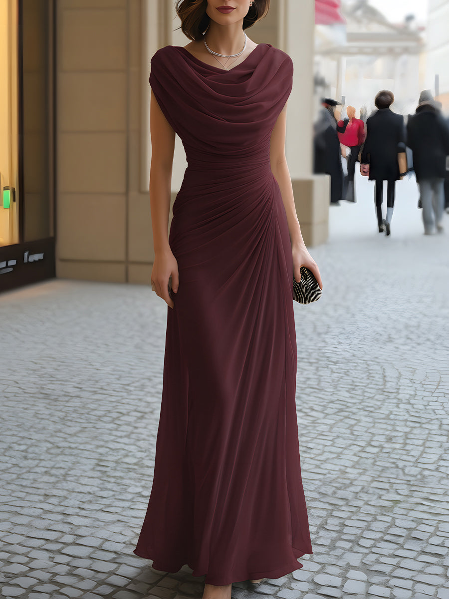 Llinos draped cowl-neck maxi dress in burgundy, front view