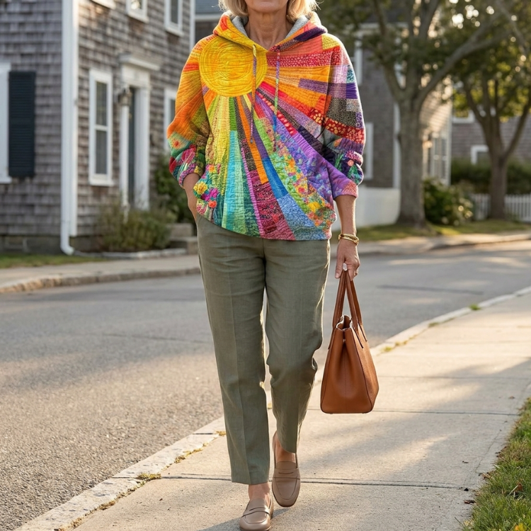 Amabel quilted patchwork hoodie in multicolour, front view