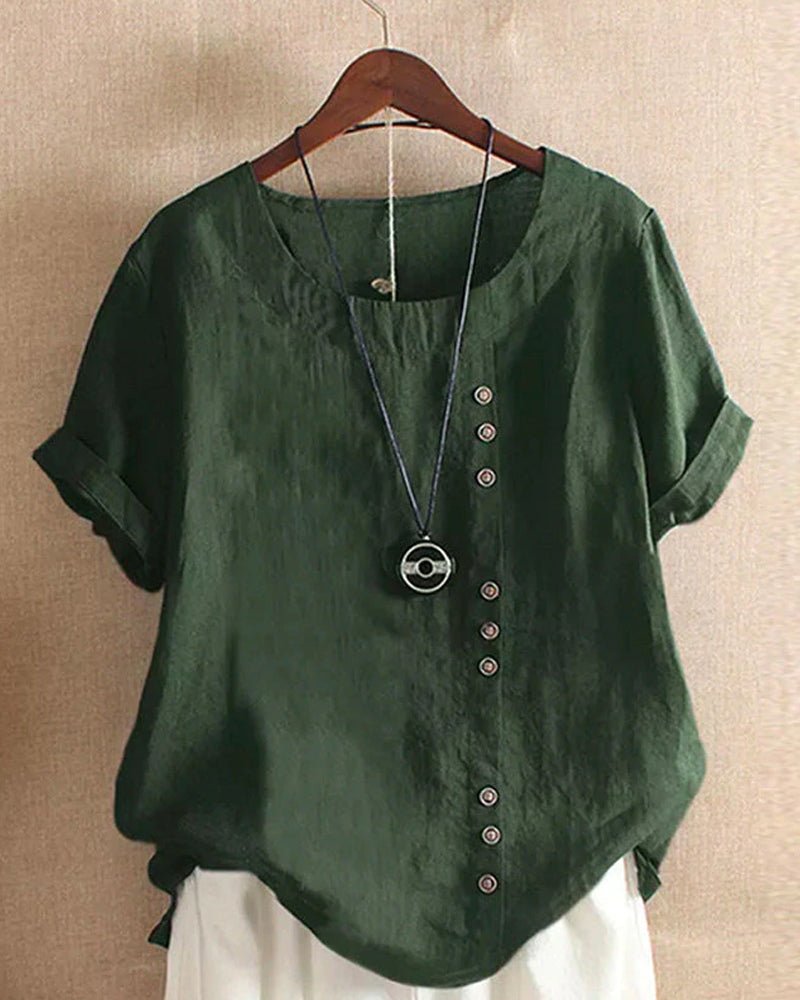 Miranda linen-look button-detail T-shirt in forest green, front view on hanger
