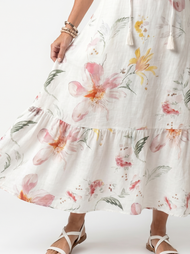NOA | SOFT FLORAL TIERED TASSEL MIDI DRESS