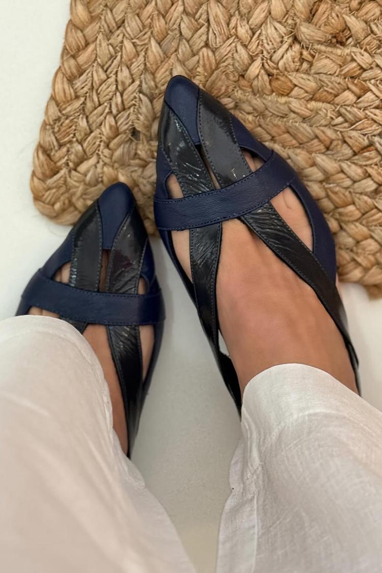Navy Patchwork Cut-Out Pointed-Toe Slingback Ballet Flats