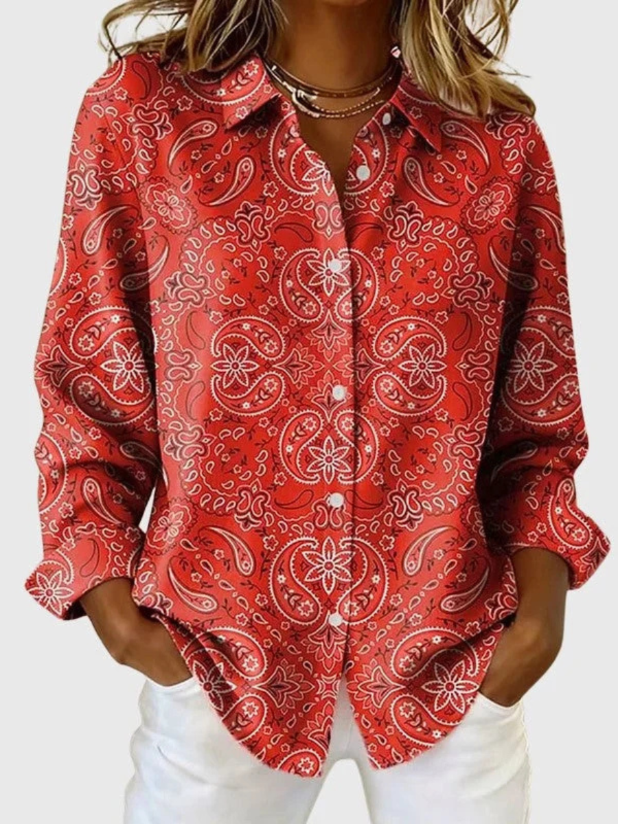 Katarina paisley print button-up blouse in red, front view