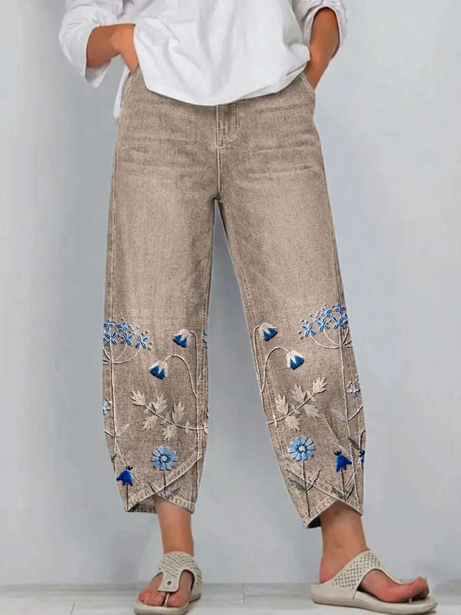 Viola floral comfort trousers in khaki, front view