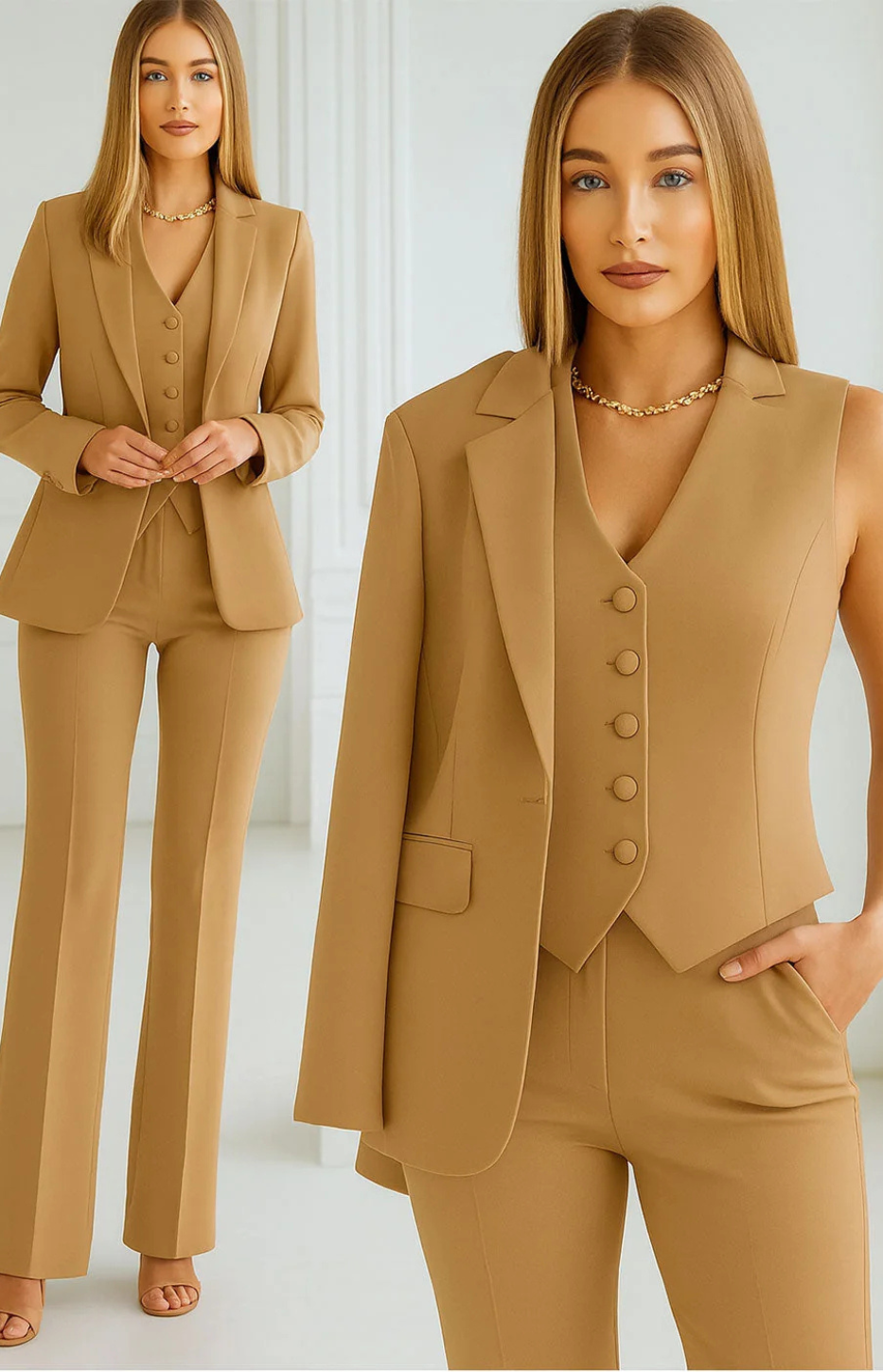Henrietta elegant three-piece suit in caramel, full-length and close-up view