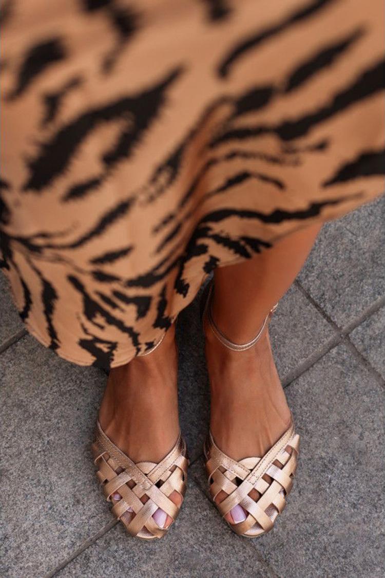 Champagne Round-Toe Cut-Out Sandals with Ankle Strap and Buckle