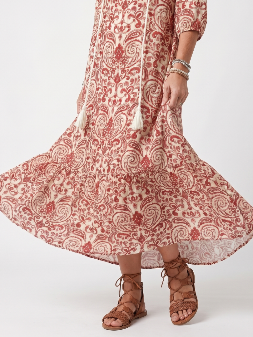 NOELLE | ORNATE PRINT TASSEL TIE MIDI DRESS